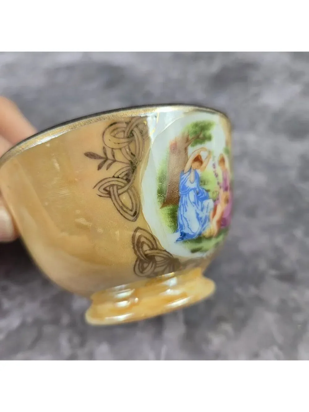Vintage Peach Lusterware Demitasse Cup Saucer Two Ladies Child Made in Japan